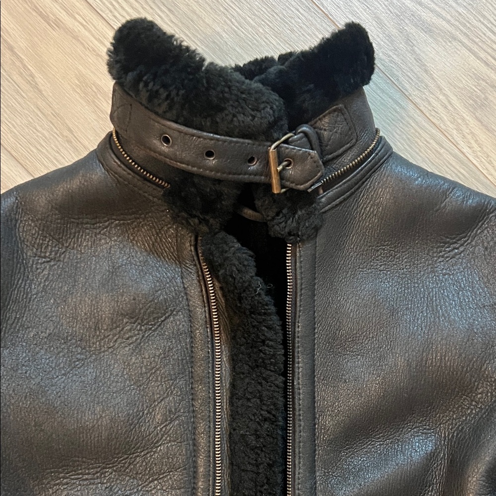 Black Shearling Leather Jacket with Removable Hood - Picture 3 of 11